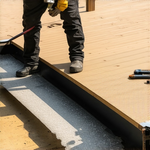 Deck builder installing drainage channels and gutters on a Needham deck.
