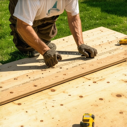 Homeowner installing wooden deck boards on backyard deck with tools in sunlight.