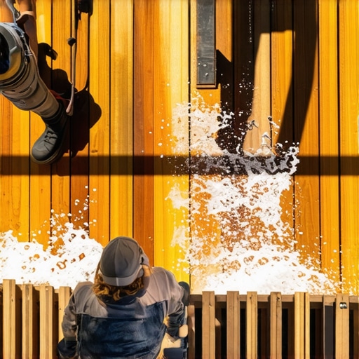Homeowner cleaning and sealing mahogany deck with pressure washer in sunlight