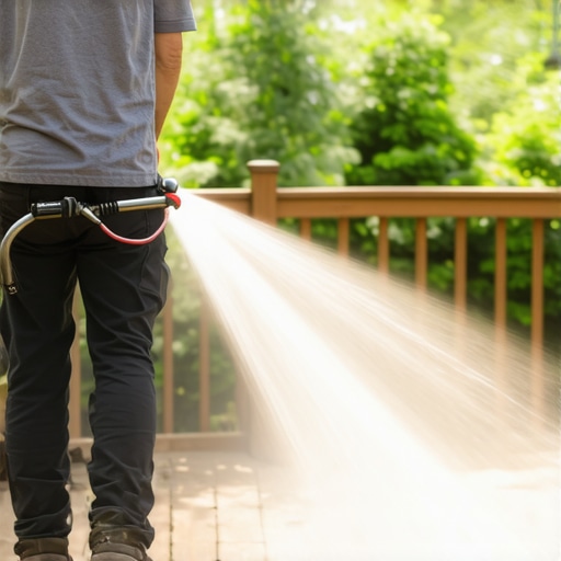 A person washing a wooden deck with a power washer surrounded by trees and grass.