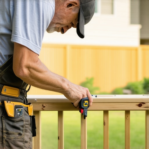 Homeowner measuring deck railing height to ensure it meets 2026 code standards