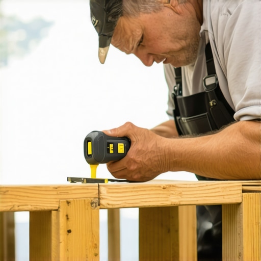 Deck builder measuring deck railing heights for compliance.