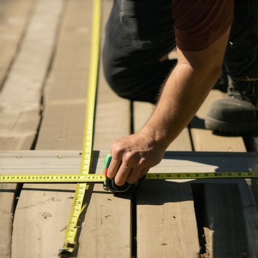 Homeowner measuring a wooden deck with a tape measure during daytime.
