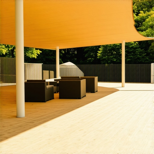 A contemporary backyard deck with shade structures and light-colored surfaces for heat reduction
