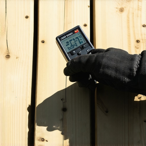 Person measuring moisture content in wooden deck with a moisture meter