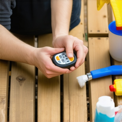 Homeowner testing wood moisture in a Needham backyard deck with a digital meter.