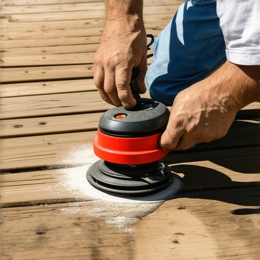 Person using a power sander to smooth deck surface for maintenance