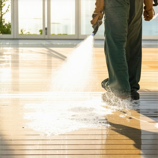 Person cleaning a wooden deck with a power washer to remove dirt and grime