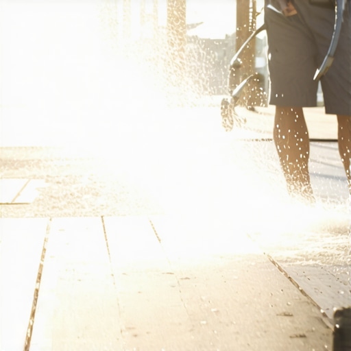 Person cleaning deck with power washer during sunny day