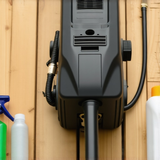 A professional deck maintenance scene showing a pressure washer and eco-friendly cleaning products.