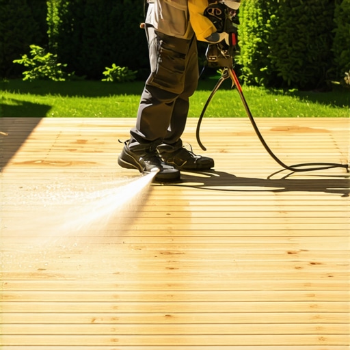 Pressure washer cleaning cedar deck efficiently, showing correct distance and nozzle type