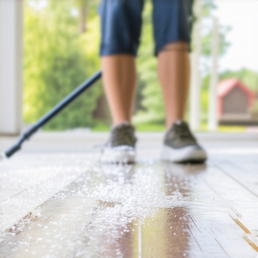 A person using a pressure washer with a wide spray nozzle on a wooden deck, demonstrating safe cleaning techniques.