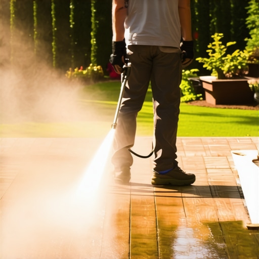 Proper deck cleaning tools in action Homeowner power washing a wooden deck during sunny day.