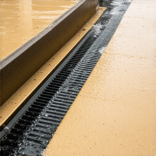 A wooden deck showing water flowing through carved channels during rain, illustrating effective drainage techniques.