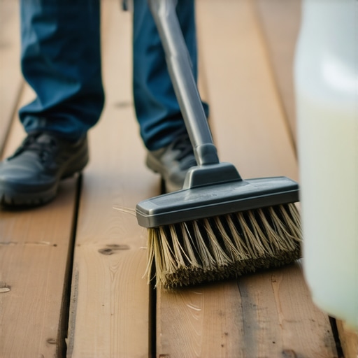 Person cleaning a wooden deck with brush and natural cleaning solution