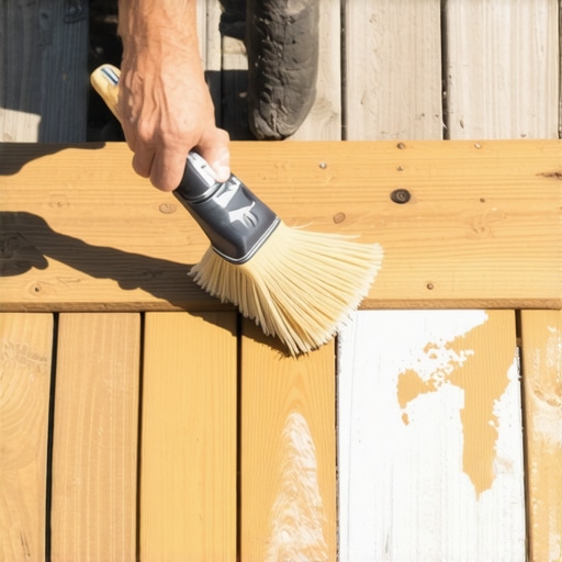 Person applying protective sealant to wood deck with brush in sunlight