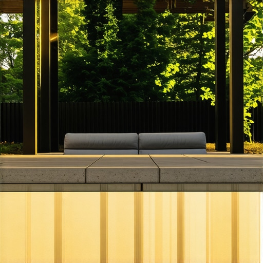 Modern deck with shade and reflective materials in summer sunlight