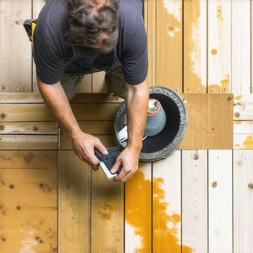 A worker applying sealant to a wooden deck in a backyard garden