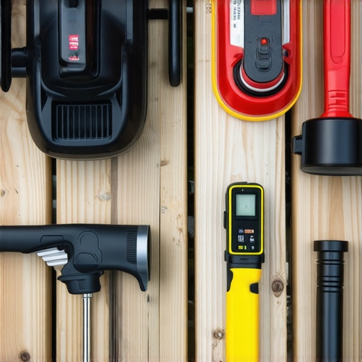 Assortment of deck maintenance tools on a wooden deck
