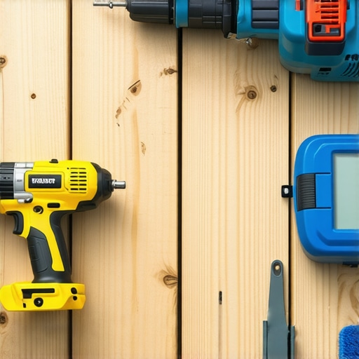 Professional tools for deck care including a power drill, pressure washer, and moisture meter arranged on a deck surface