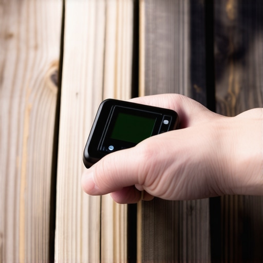 Person inspecting a wooden deck with a digital moisture meter