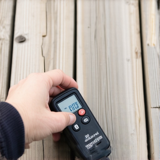 Person testing moisture levels on a wooden deck with a digital moisture meter.