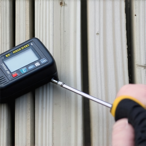A person measuring wooden deck moisture with a digital meter