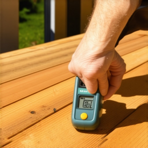 Homeowner testing wood moisture content on a deck with a digital device