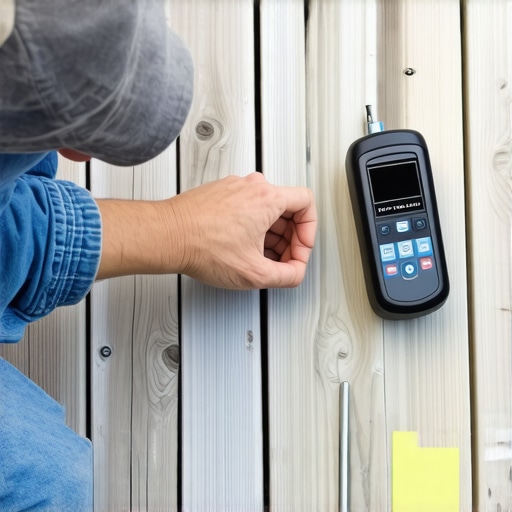 Homeowner testing moisture levels on wooden decking with a digital device in a Needham backyard.