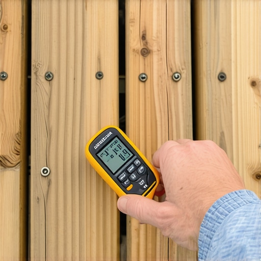 Using a Moisture Meter on a Deck for Maintenance A person measuring moisture levels on a wooden deck with a digital meter in Needham