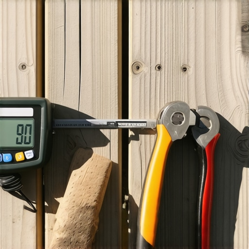 A person holding a digital moisture meter on a wooden deck, illustrating proper use for maintenance.