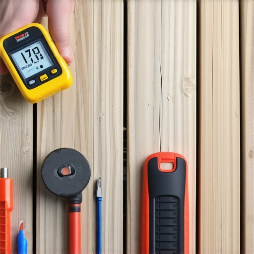 A person testing wood moisture levels on a backyard deck with a digital moisture meter