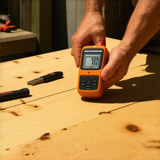 A person measuring moisture content on a cedar deck with a moisture meter in sunlight