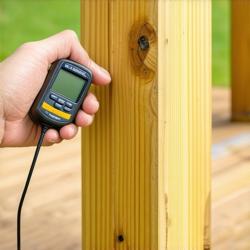 Homeowner measuring moisture levels on wood deck post with a digital moisture meter