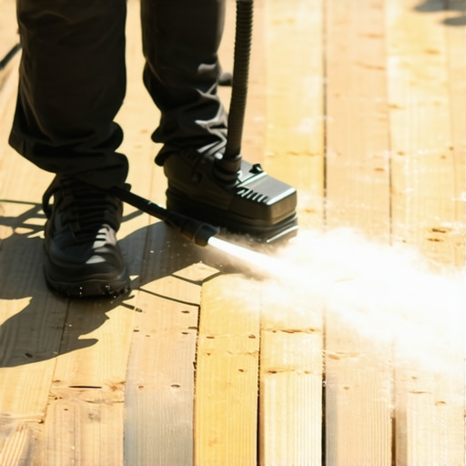 A person cleaning a wooden deck with a cordless power washer for maintenance